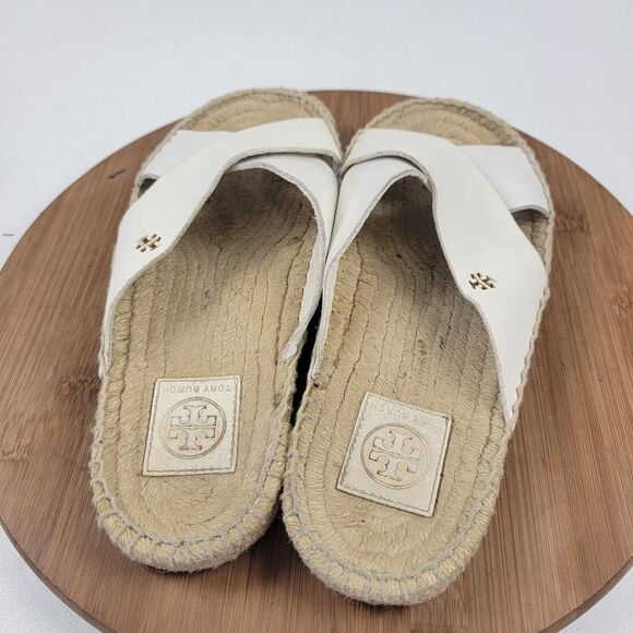 Tory Burch Bima White Leather Espadrille Slide Flats Womens Size 10 Beach - Picture 5 of 13
